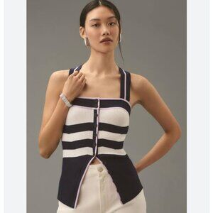 ANTHROPOLOGIE‎ Maeve Button-Front Cross-Back Navy Sweater Tank Top Size M NWT